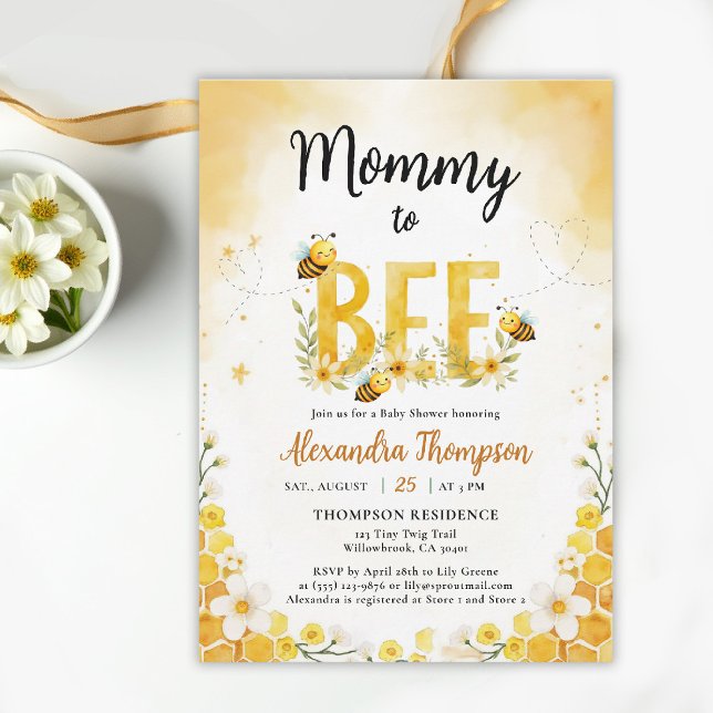 Mommy to Bee Whimsical Floral Cute Baby Shower Einladung (bee baby shower theme invitation spring summer mommy little honey watercolor whimsical floral)