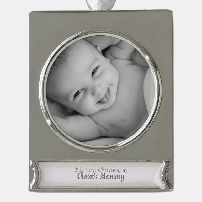 Mommy's 1. Weihnachts Personalisiert Name Jahr Fot Banner-Ornament Silber (Vorderseite)