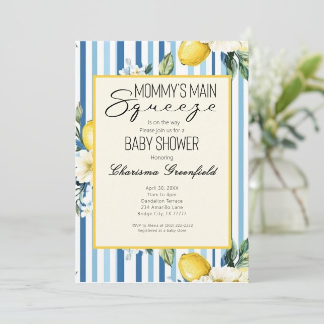  Mommy's Main Squeeze Lemon Blue Boy Baby Shower Einladung (Stehend Vorderseite)