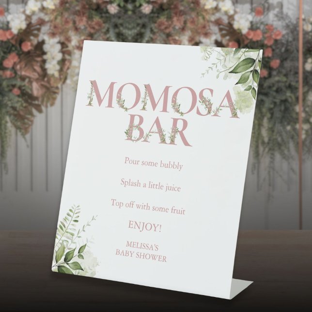 Momosa Bar Greenery Dusty Rose Pink Babydusche Sockelschild (Momosa Bar Greenery Dusty Rose Pink Baby Shower Pedestal Sign)