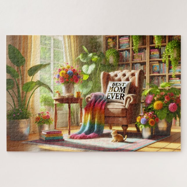 Mom's Cozy Reading Nook with Cat Mother's Day Gift Puzzle (Horizontal)