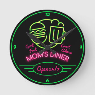 Moms Diner 24/7 Retro-Fünfziger-Neon-Effekt Runde Wanduhr