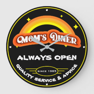 Moms Diner Immer Offen Retro Regenbogen Schwarz Große Wanduhr
