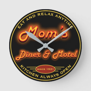 Mom's Diner & Motel Fun Faux Neon Any Slogan - Runde Wanduhr