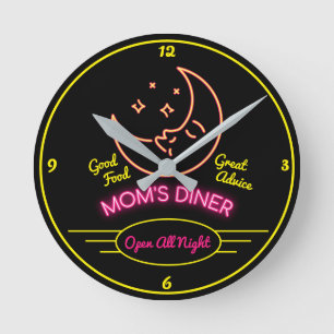 Mom's Diner Open All Night Retro 50's Neon Effect Runde Wanduhr