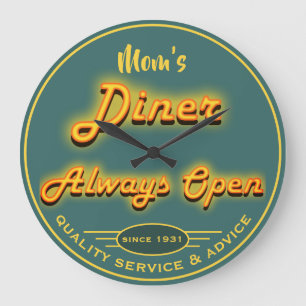 Mom's Diner or Any Name Yellow & Teal Neon Look  - Große Wanduhr
