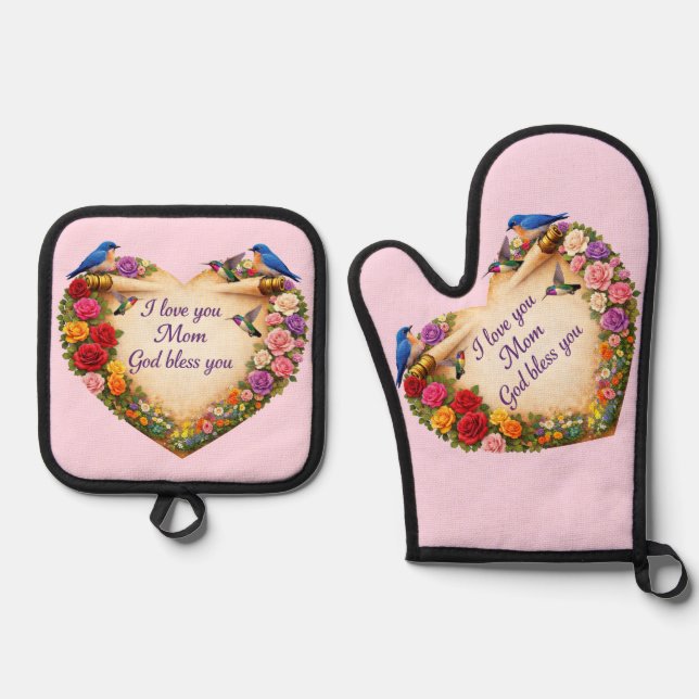 Mom's Pink Floral Heart Oven Mitt /Pot Holders Set (Vorderseite)