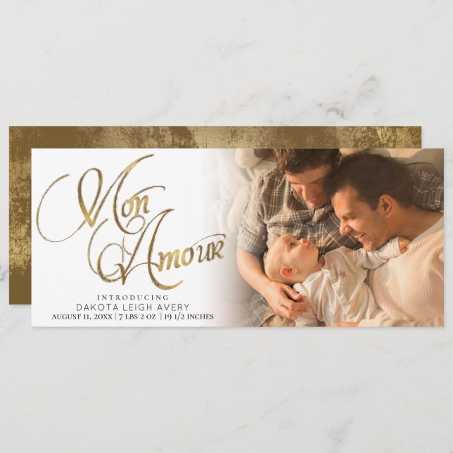 Mon Amour | Gold Grunge Foil New Baby Birth Foto Ankündigung (Vorne/Hinten)