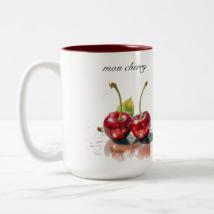 Mon Cherry, zwei Kirschen Aquarell anpassbar Zweifarbige Tasse