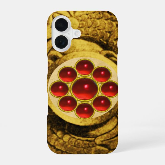 MON WITH RED RUBY GEMSTONS Gold Griffins iPhone 16 Hülle (Rückseite)