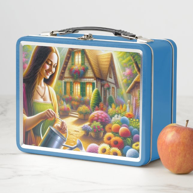 Mona gibt Wasser für Blume Pflanze Metall Brotdose (Beispiel)