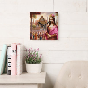 Mona liegt vor dem thailändischen Tempel Quadratische Wanduhr