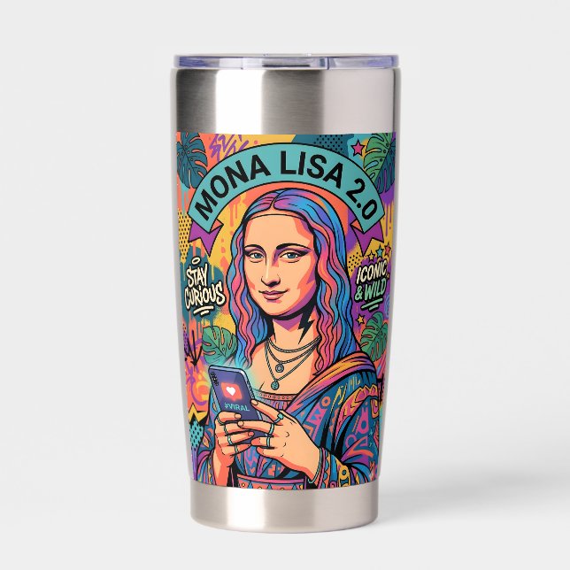 Mona Lisa 2.0 Pop Art – Moderner viraler Ikone mit Thermobecher (Vorderseite)