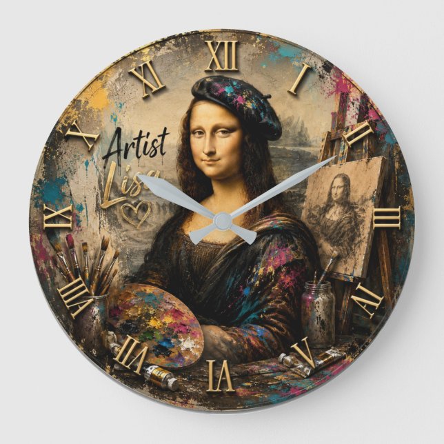 Mona Lisa Artist Funny Painter Studio Große Wanduhr (Vorderseite)