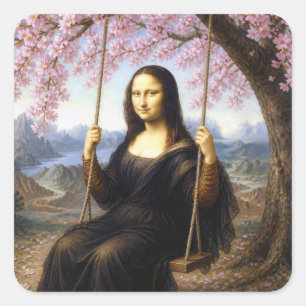 Mona Lisa auf einer Schaukel unter Kirschblüten Quadratischer Aufkleber