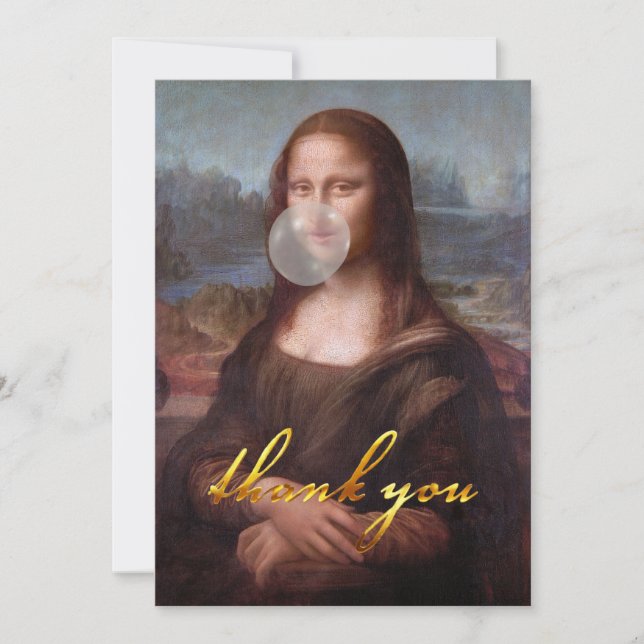 Mona Lisa bläst einen grauen Kaugummi Dankeskarte (Vorderseite)
