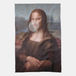 Mona Lisa bläst grauen Kaugummi Geschirrtuch