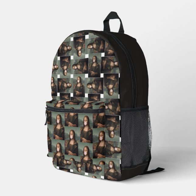Mona Lisa bläst rosa Kaugummi Bedruckter Rucksack (Rückseitige Ecke Rechts)