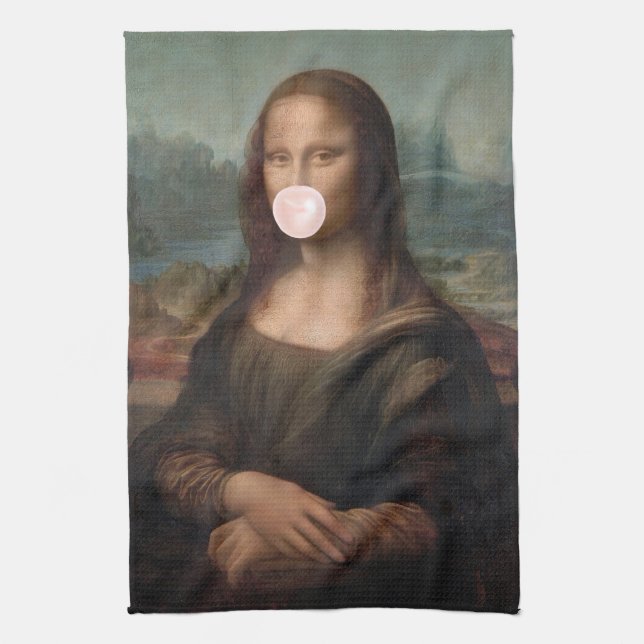 Mona Lisa bläst rosa Kaugummi   Geschirrtuch (Vertikal)