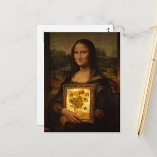 Mona Lisa hält ein Van Gogh Postkarte