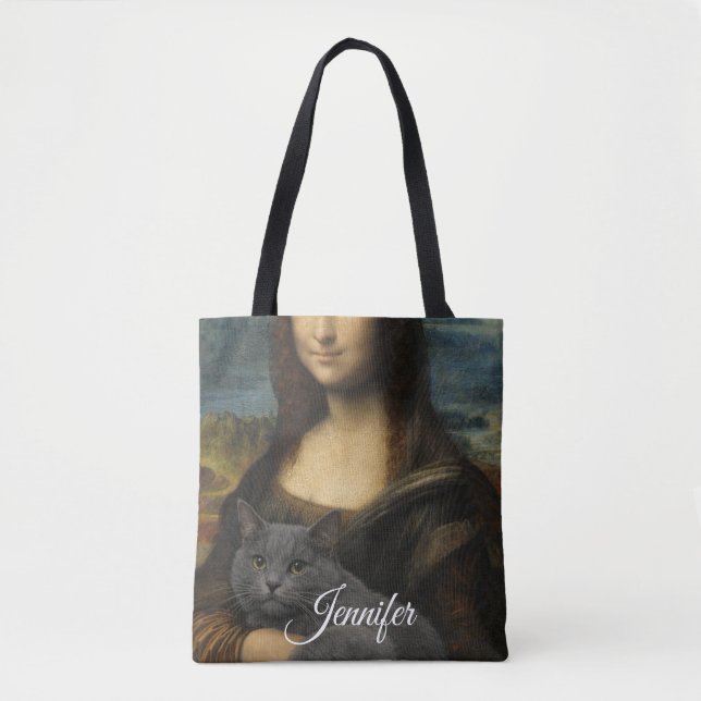 Mona Lisa hält elegante graue Katze                (Vorderseite)