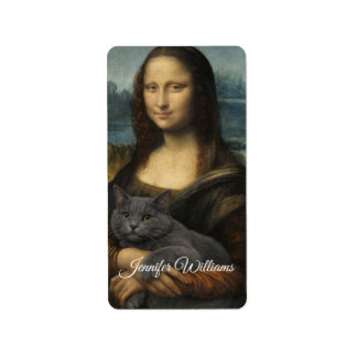 Mona Lisa hält elegante graue Katze                Adressaufkleber
