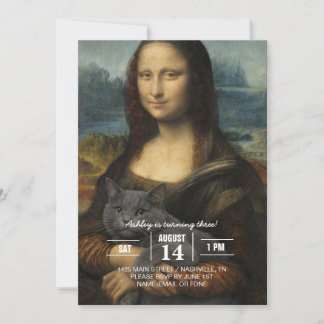 Mona Lisa hält elegante graue Katze                Einladung