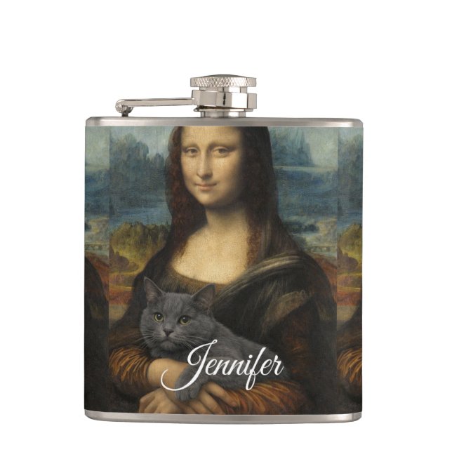 Mona Lisa hält elegante graue Katze                Flachmann (Vorderseite)