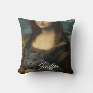 Mona Lisa hält elegante graue Katze Kissen