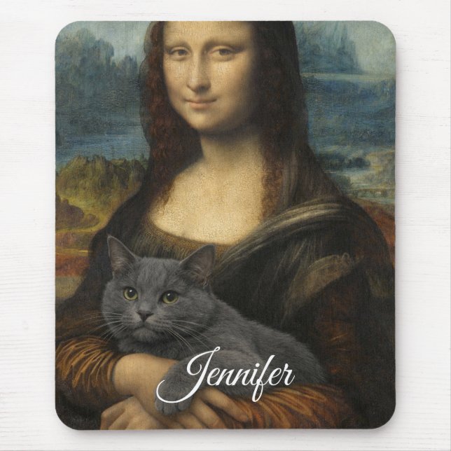 Mona Lisa hält elegante graue Katze                Mousepad (Vorne)