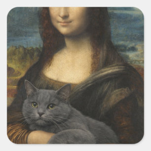 Mona Lisa hält elegante graue Katze Quadratischer Aufkleber