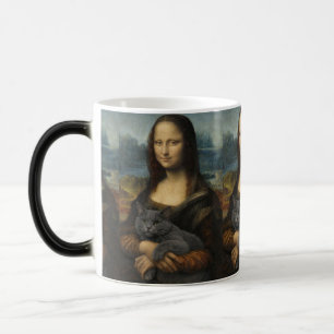 Mona Lisa hält elegante graue Katze Verwandlungstasse