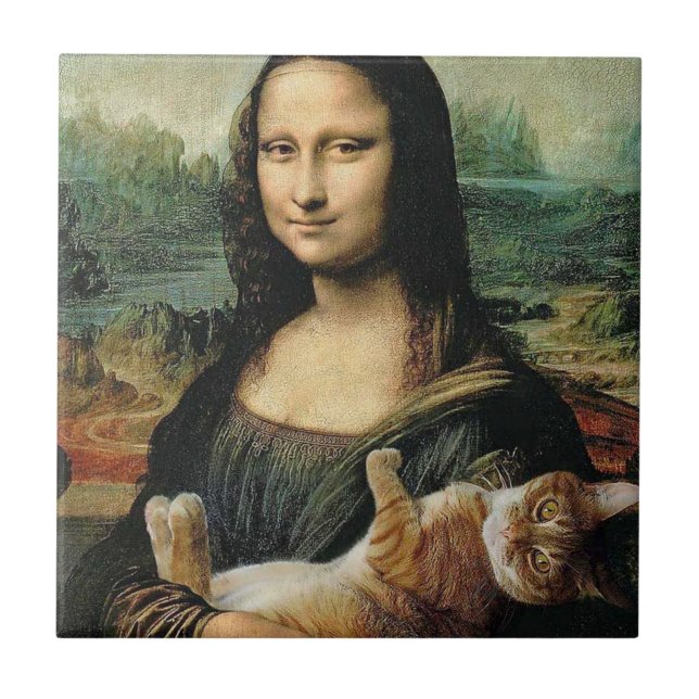 Mona Lisa hält ihre Katze Leonardo da Vinci Fliese (Vorderseite)