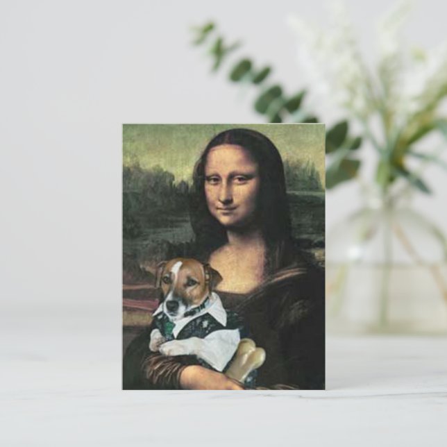 Mona Lisa hält ihren Hund und Knochen fest Postkarte (Stehend Vorderseite)