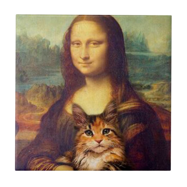 Mona Lisa hält ihren Katzenkatzen Leonardo da Vinc Fliese (Vorderseite)