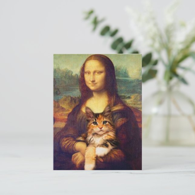 Mona Lisa hält ihren Katzenkatzen Leonardo da Vinc Postkarte (Stehend Vorderseite)