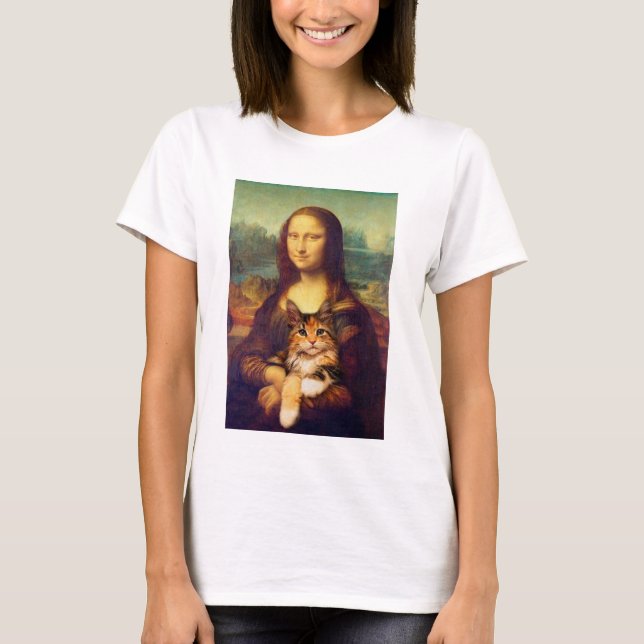 Mona Lisa hält ihren Katzenkatzen Leonardo da Vinc T-Shirt (Vorderseite)