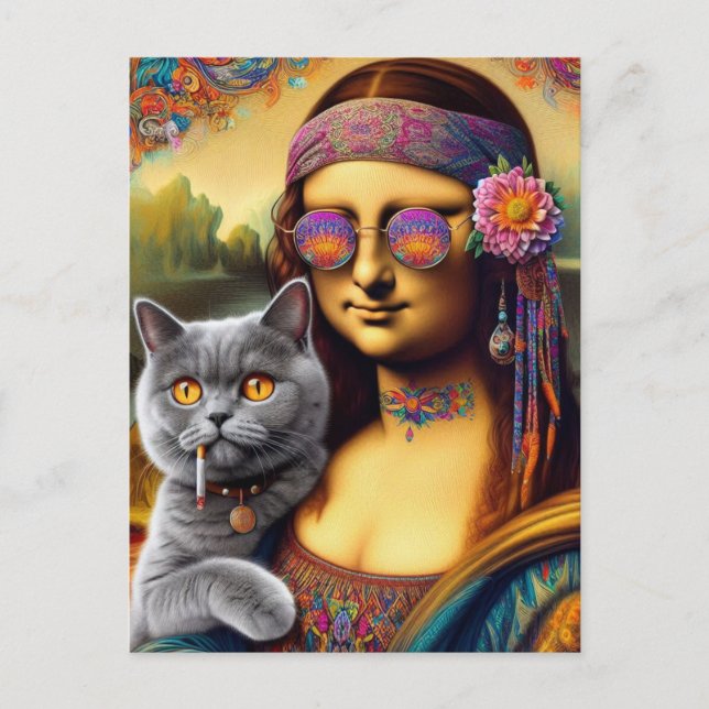 Mona Lisa Hippie Smoking Gray Cat Postkarte (Vorderseite)