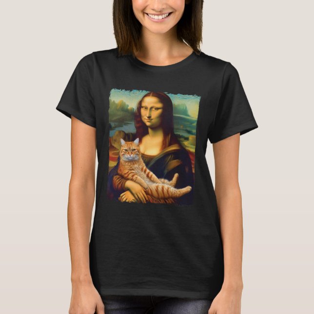 Mona Lisa Holding Cat Portrait Kunstmalerei T-Shirt (Vorderseite)