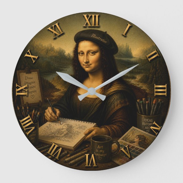 Mona Lisa Illustrator Funny Artist Studio  Große Wanduhr (Vorderseite)