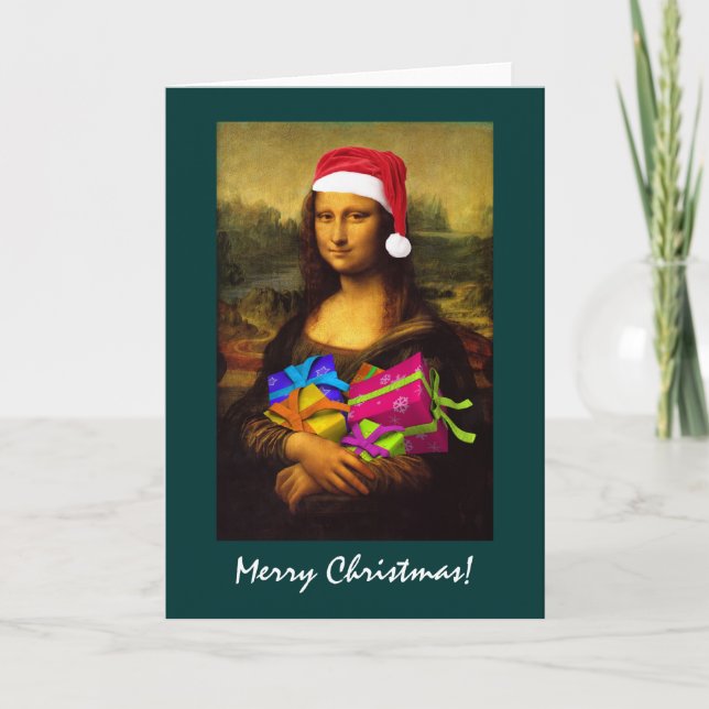 Mona Lisa kommt als Weihnachtsmann Feiertagskarte (Vorderseite)