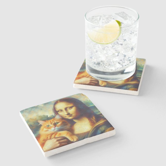 Mona Lisa malt La Gioconda mit Katze Steinuntersetzer (Seitenansicht)
