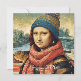 Mona Lisa mit Beanie - Frohes 2026 Feiertagskarte