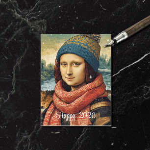 Mona Lisa mit Beanie - Frohes 2026 Feiertagspostkarte