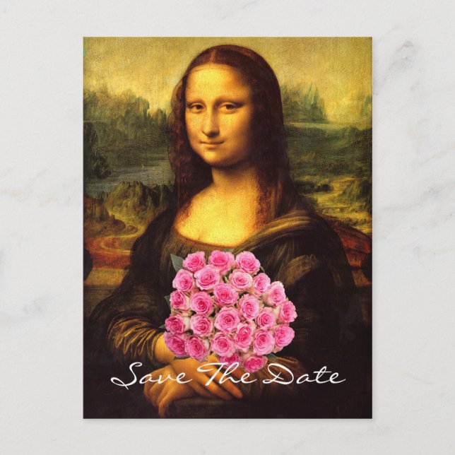 Mona Lisa mit Bouquet aus rosa Rosen Ankündigungspostkarte (Vorderseite)