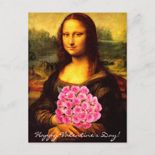 Mona Lisa mit Bouquet aus rosa Rosen Feiertagspostkarte