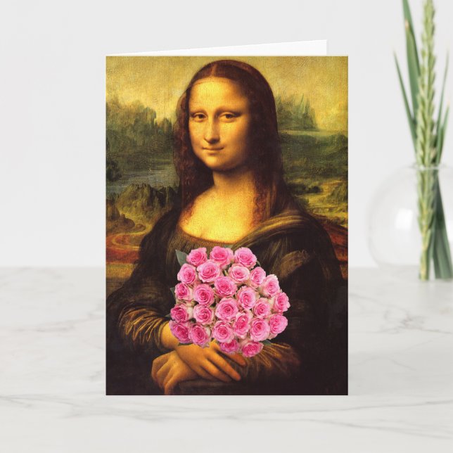 Mona Lisa mit Bouquet aus rosa Rosen Karte (Vorderseite)
