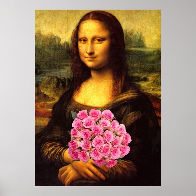 Mona Lisa mit Bouquet aus rosa Rosen Poster (Vorne)