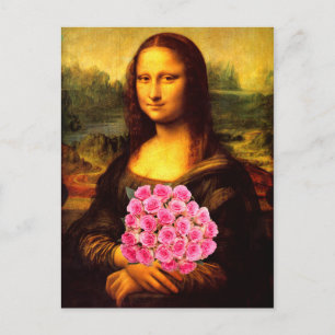 Mona Lisa mit Bouquet aus rosa Rosen Postkarte