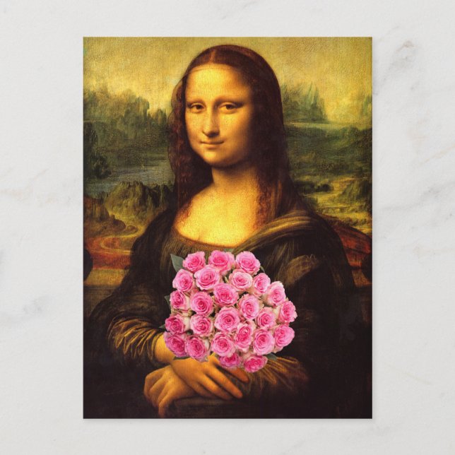 Mona Lisa mit Bouquet aus rosa Rosen Postkarte (Vorderseite)
